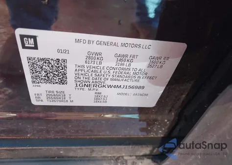 2021 Chevrolet Traverse Fwd Lt Cloth из США, поврежденный, VIN 1GNERGKW4MJ156989